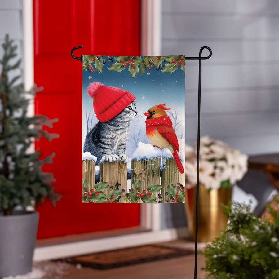 BFDBFGF26 Evergreen Kitten & Cardinal Winter Friends Burlap Garden Flag 0