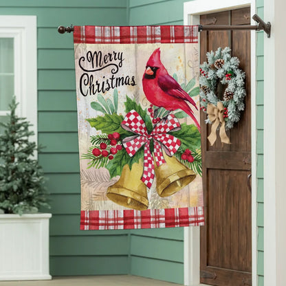 MFB47HF26 Evergreen Christmas Bells Cardinal Moire House Flag 0