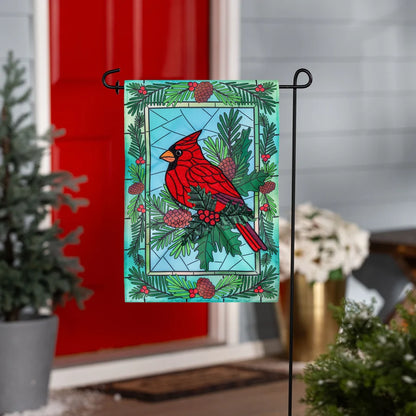 APTCRGF26 Evergreen Stained Glass Winter Cardinal Applique Garden Flag 0