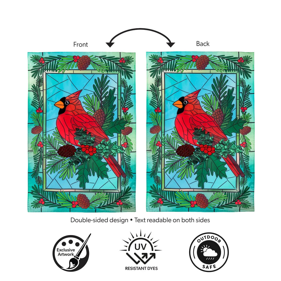 APTCRGF26 Evergreen Stained Glass Winter Cardinal Applique Garden Flag 0