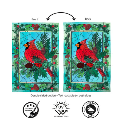 APTCRGF26 Evergreen Stained Glass Winter Cardinal Applique Garden Flag 0