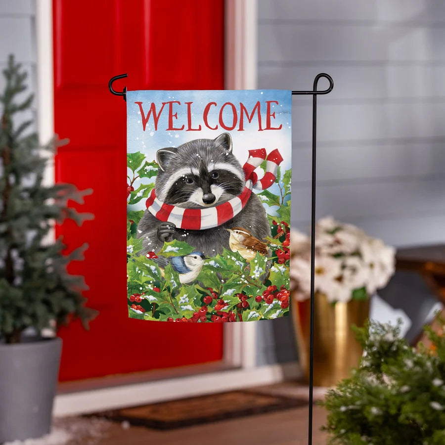 SXK3YHF26 Evergreen Raccoon & Friends Suede Garden Flag 0