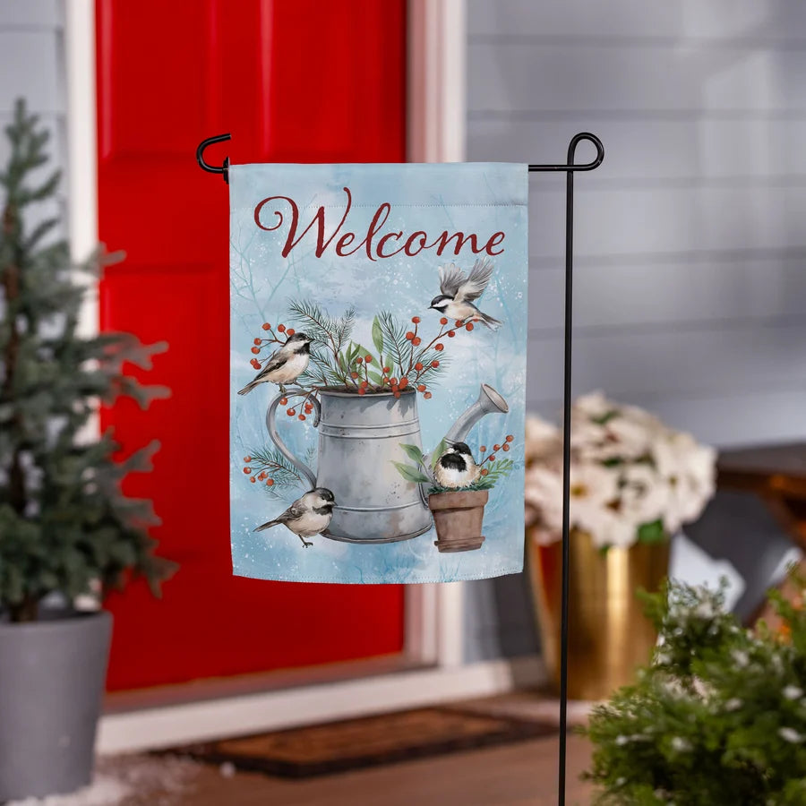 SX7PNHF26 Evergreen Snowbirds Chickadee Watering Can Suede Garden Flag 0