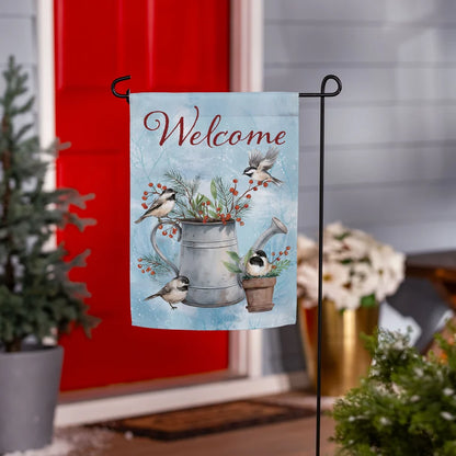 SX7PNHF26 Evergreen Snowbirds Chickadee Watering Can Suede Garden Flag 0