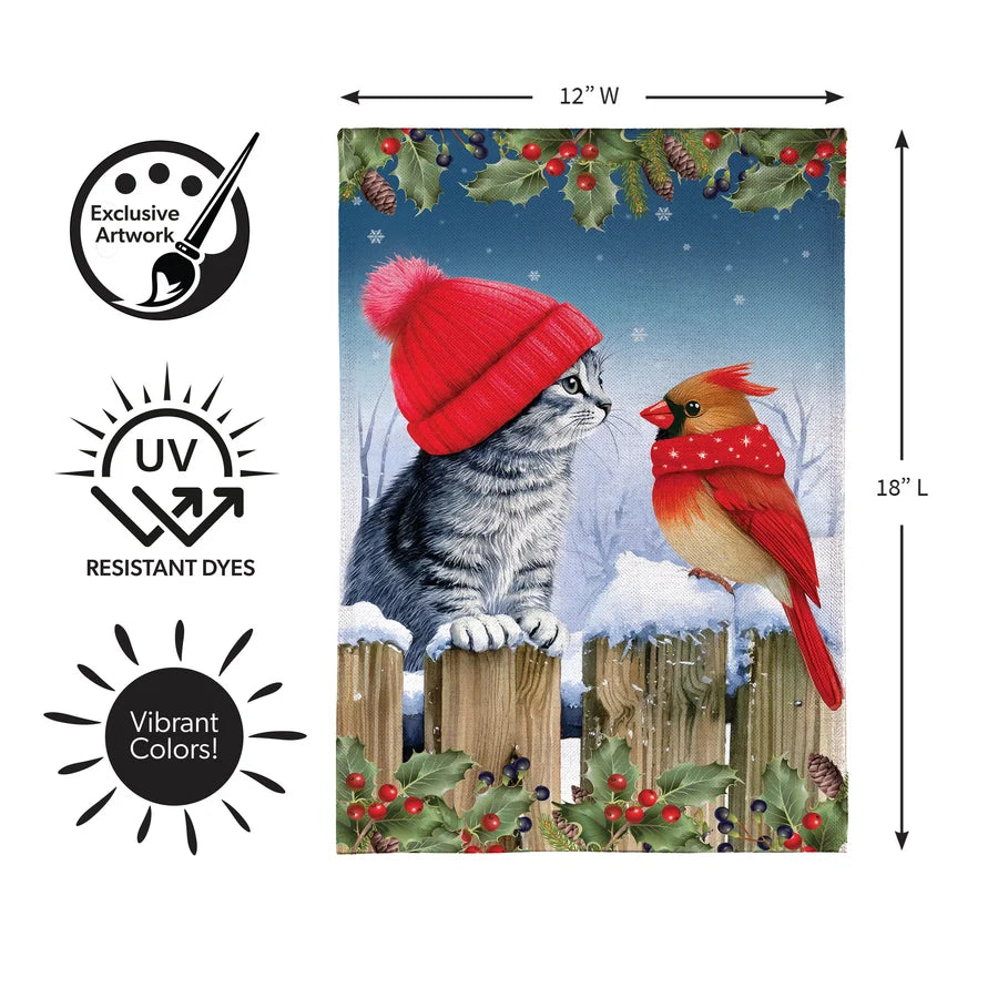 BFDBFGF26 Evergreen Kitten & Cardinal Winter Friends Burlap Garden Flag 0