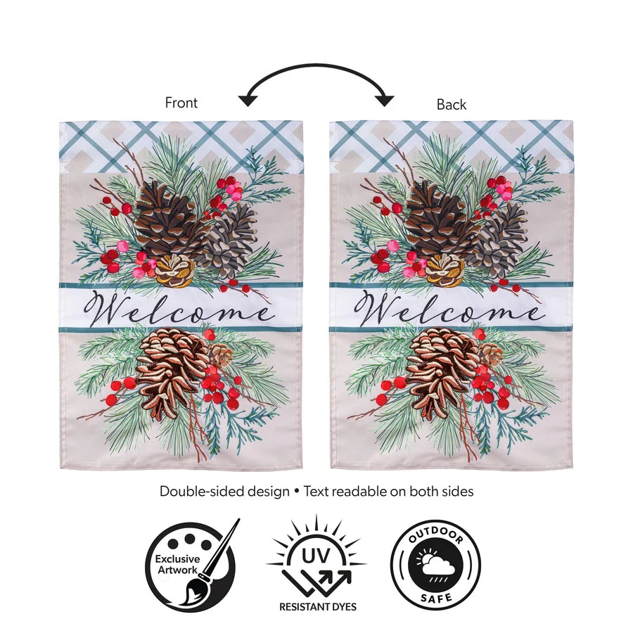 AP5S6HF26 Evergreen Winter Pinecones Applique House Flag 0