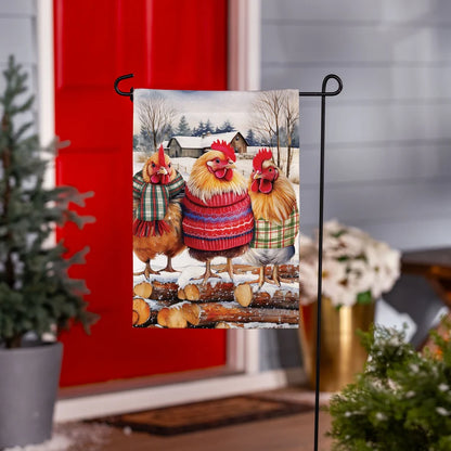 BF463GF26 Evergreen Holly Homestead Cozy Hens Burlap Garden Flag 0