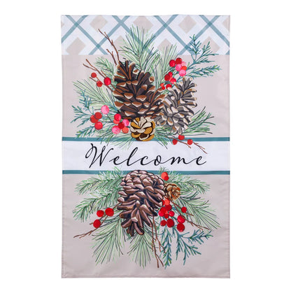 AP5S6HF26 Evergreen Winter Pinecones Applique House Flag 0