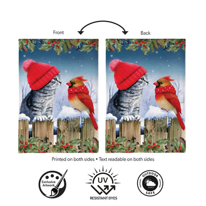 BFDBFGF26 Evergreen Kitten & Cardinal Winter Friends Burlap Garden Flag 0