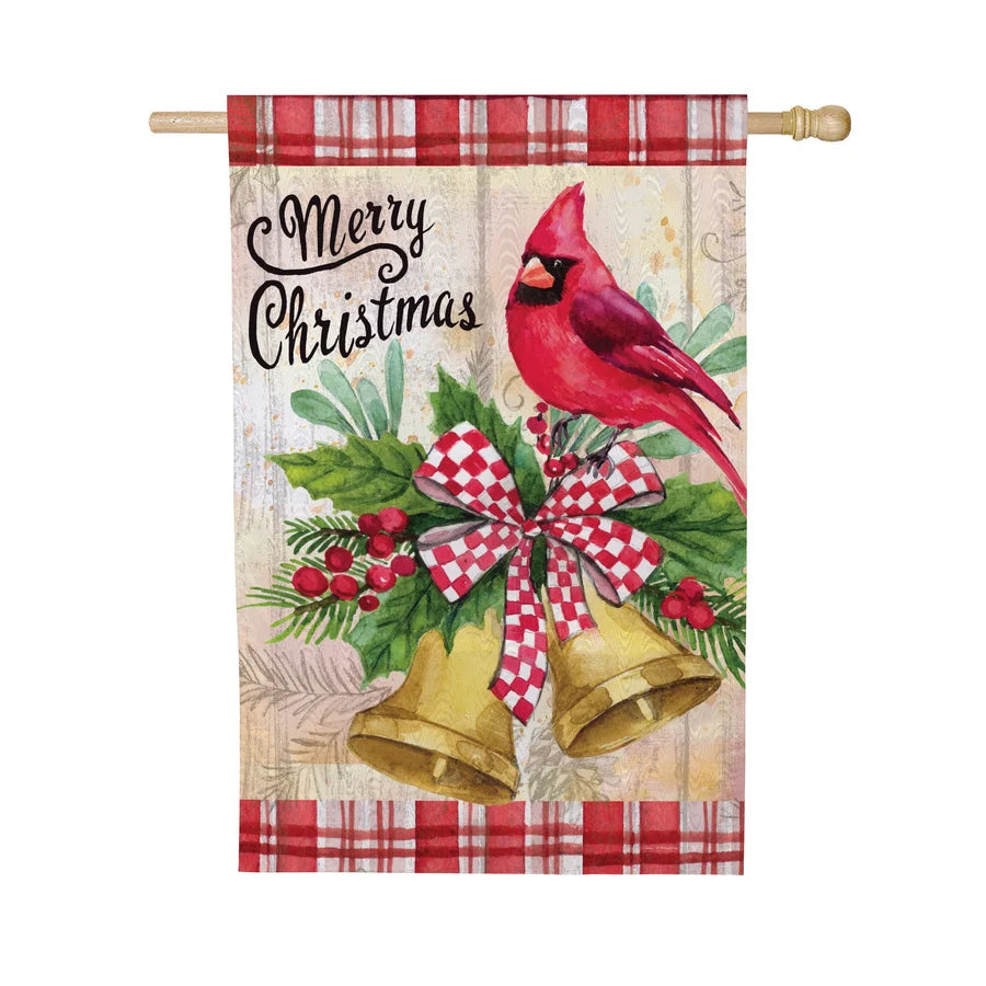 MFB47HF26 Evergreen Christmas Bells Cardinal Moire House Flag 0