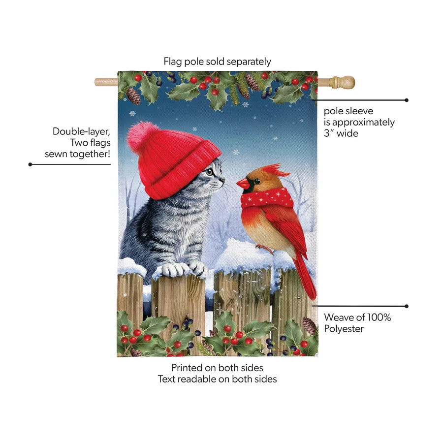 BFDBFGF26 Evergreen Kitten & Cardinal Winter Friends Burlap Garden Flag 0