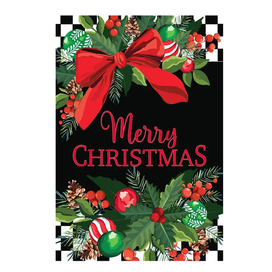 AP3G2GF26 Evergreen Floral Checkered Merry Christmas Applique Garden Flag 0