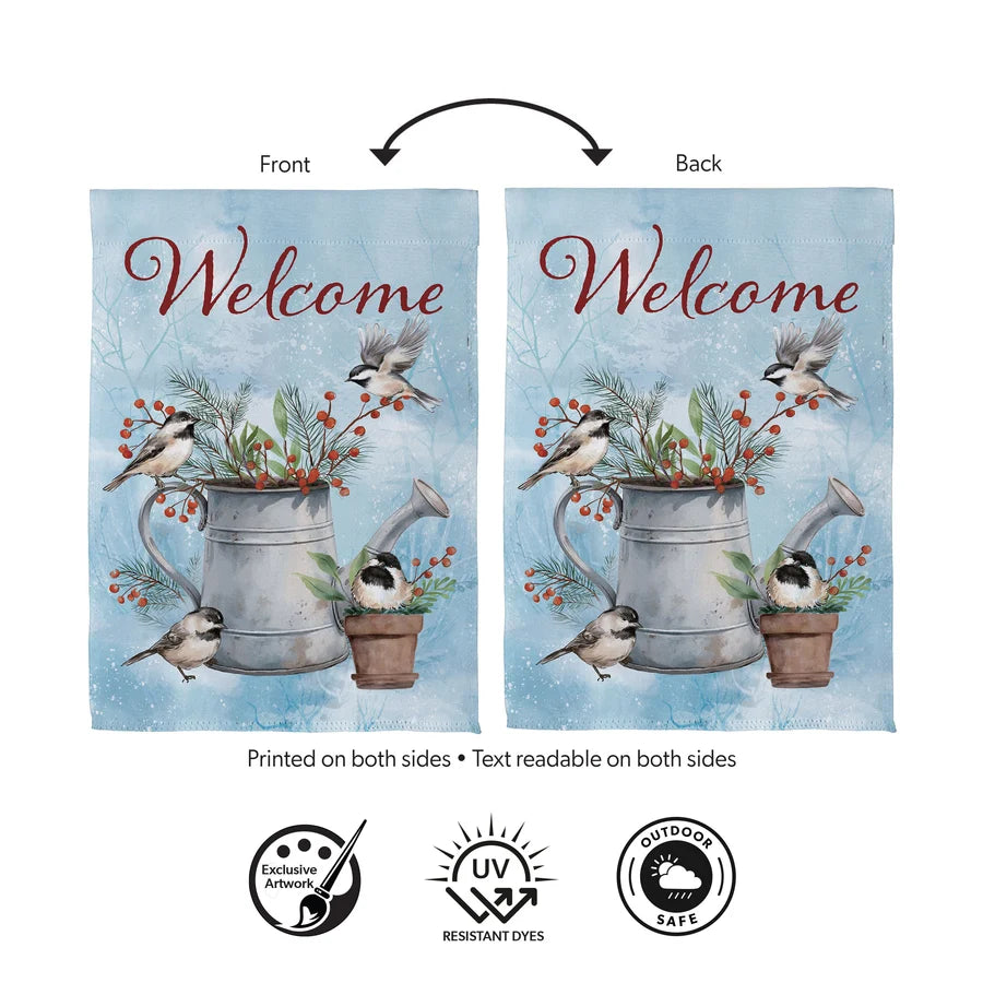 SX7PNHF26 Evergreen Snowbirds Chickadee Watering Can Suede Garden Flag 0