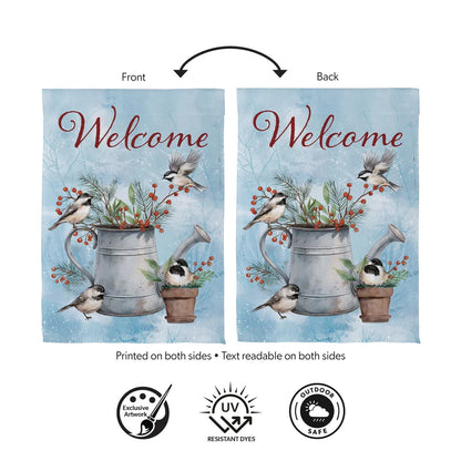 SX7PNHF26 Evergreen Snowbirds Chickadee Watering Can Suede Garden Flag 0