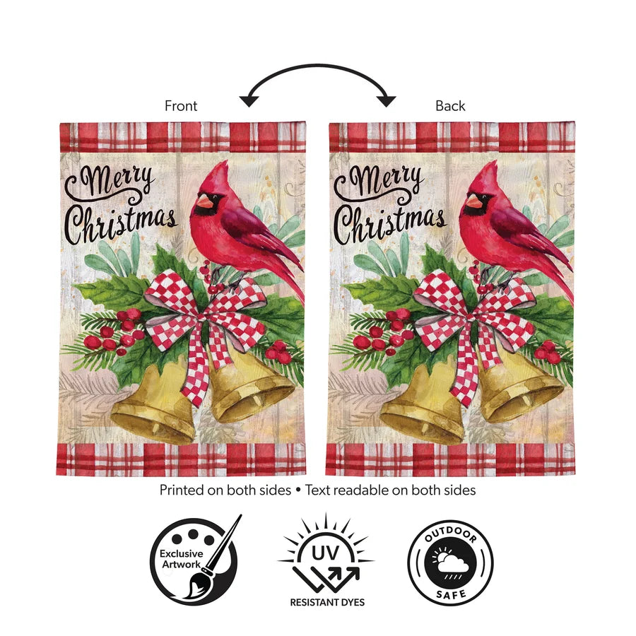 MFB47HF26 Evergreen Christmas Bells Cardinal Moire House Flag 0