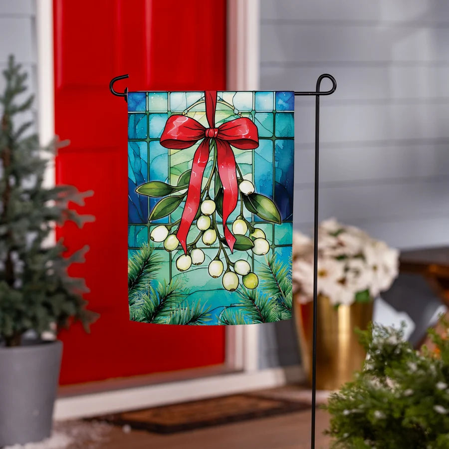 SXZNBGF26 Evergreen Stained Glass Mistletoe Suede Garden Flag 0