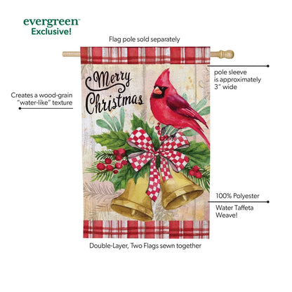 MFB47HF26 Evergreen Christmas Bells Cardinal Moire House Flag 0