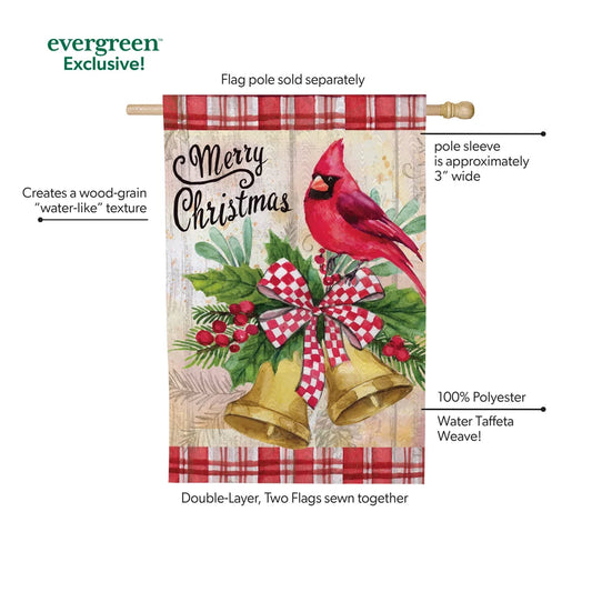 MFB47HF26 Evergreen Christmas Bells Cardinal Moire House Flag 0