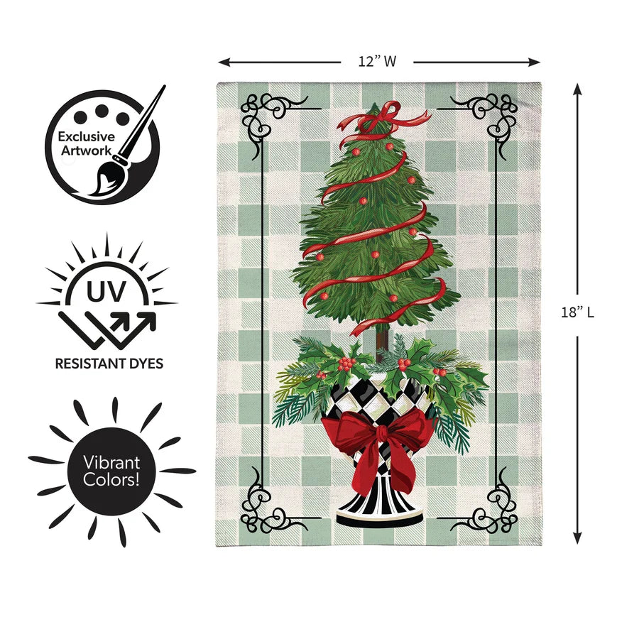 BFRVBGF26 Evergreen Christmas Checkered Topiary Burlap Garden Flag 0