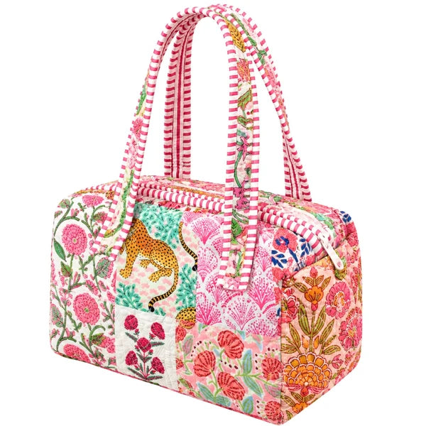 Pink Patchwork Print Quilted Mini Duffle Bag 0