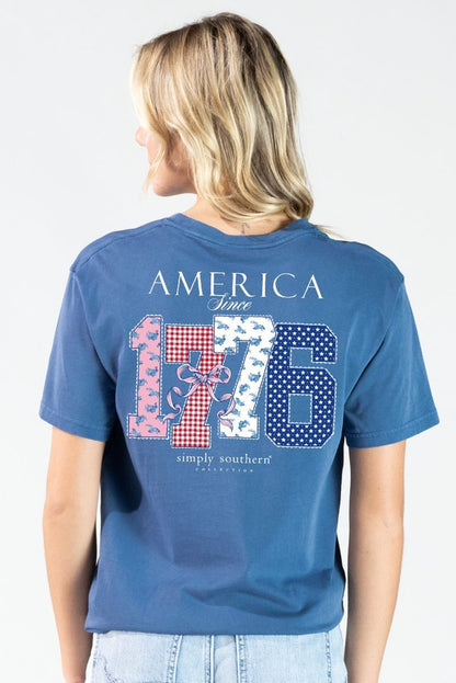 MINWASH-AMERICA-OVRCST Simply Southern "America since 1776" T-Shirt Blue