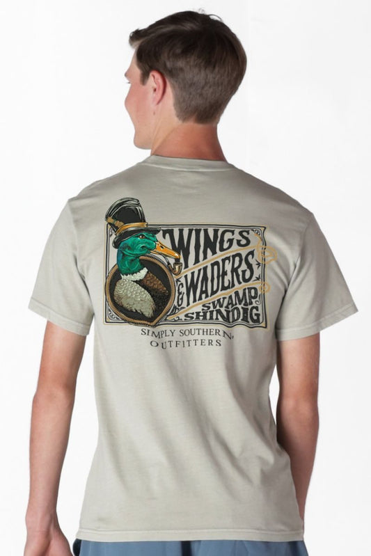 MN-MINWASH-WADERS-BRCH Simply Southern Mens "Wings and Waders Swamp Shindig" T-shirt