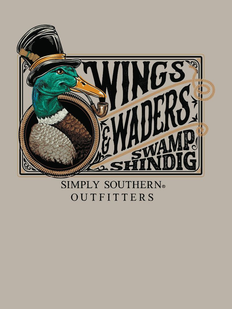 MN-MINWASH-WADERS-BRCH Simply Southern Mens "Wings and Waders Swamp Shindig" T-shirt