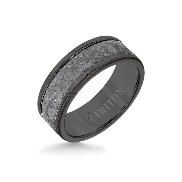 11-6082BCM8-G 8MM Black Tungsten Carbide Ring - Meteorite Insert with Round Edge 0