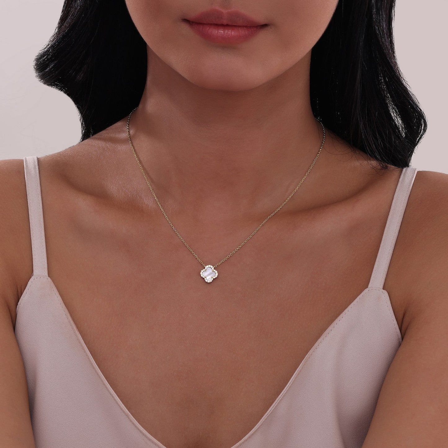 N0334MPG20 Lafonn Gold Plated .49CTW Simulated Diamond Halo Necklace in Mother of Pearl