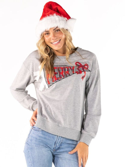 PP-0226-CRW-APLQ-HOL-GRAY Simply Southern Women's Merry Crewneck Top Gray 0