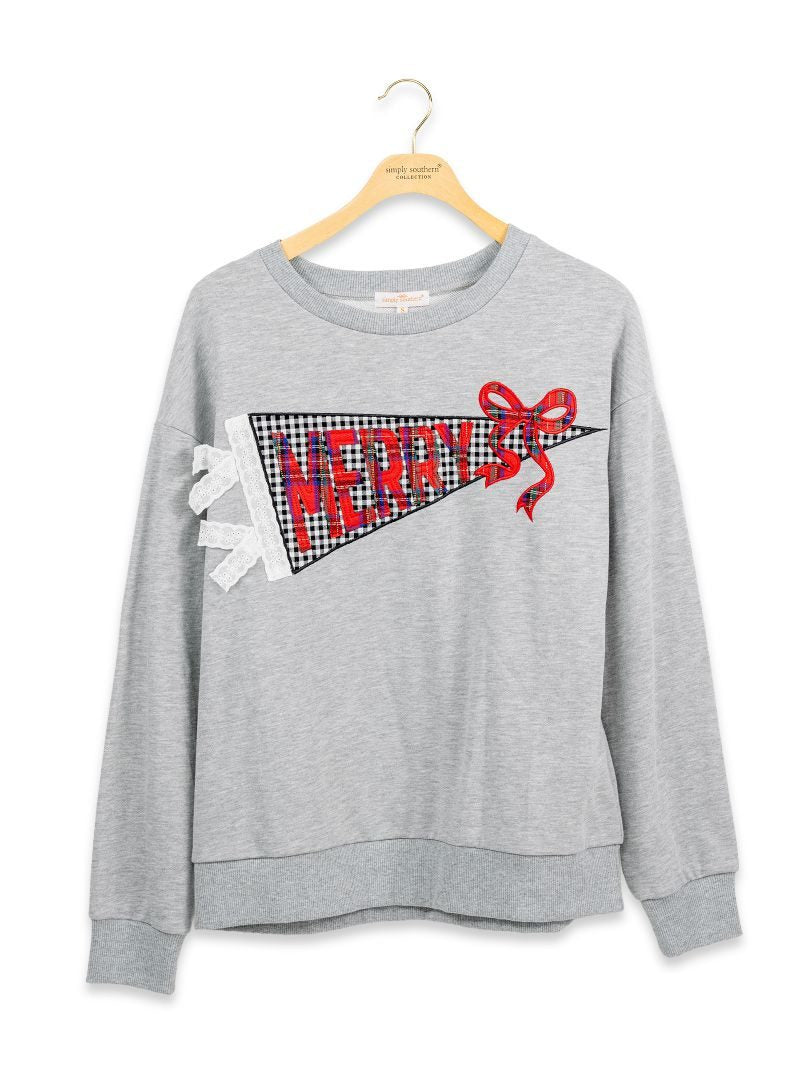 PP-0226-CRW-APLQ-HOL-GRAY Simply Southern Women's Merry Crewneck Top Gray 0