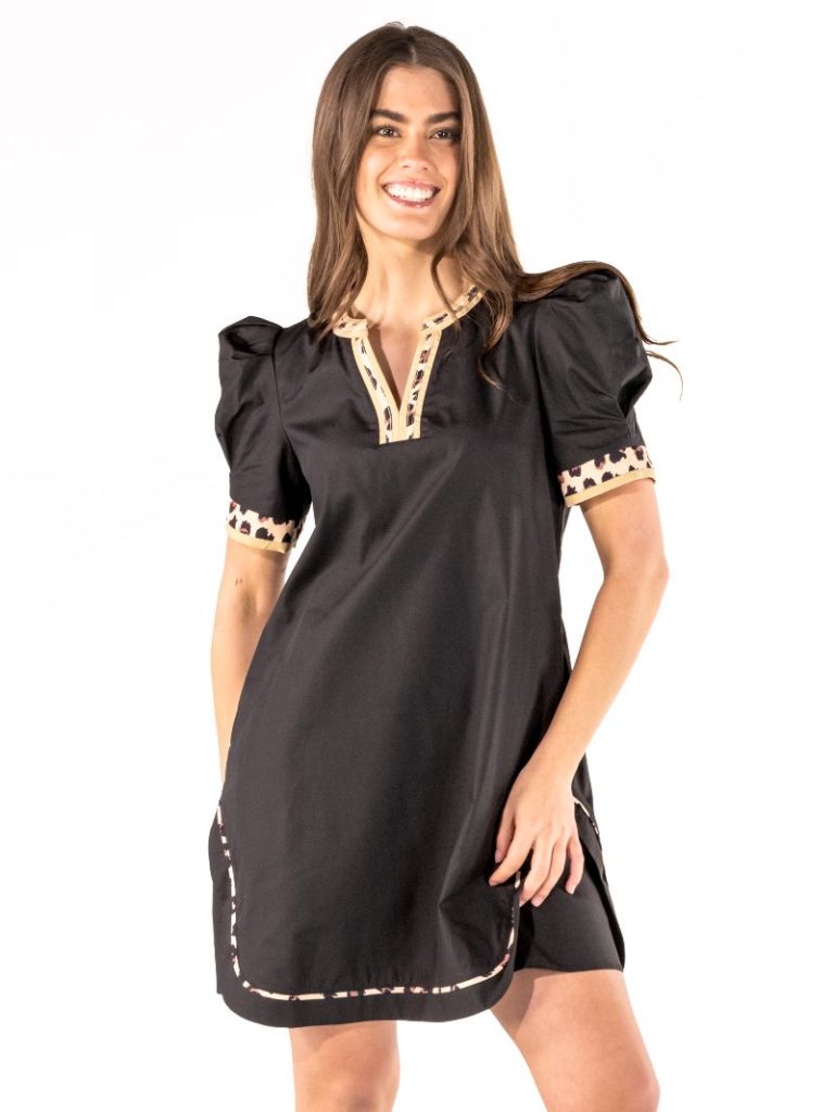 PP-0226-DRS-PUF-WLD Simply Southern Women's Black Puff Sleeve Dress with Leopard Print Trim 0