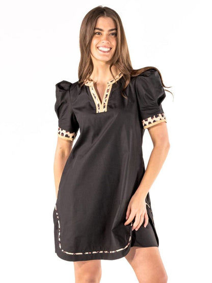 PP-0226-DRS-PUF-WLD Simply Southern Women's Black Puff Sleeve Dress with Leopard Print Trim 0