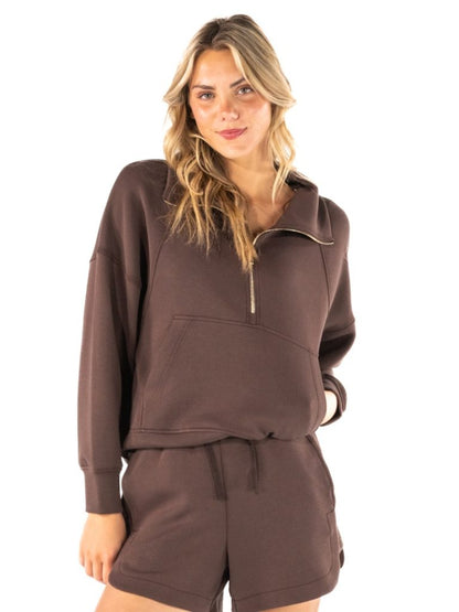 PP-0226-PULL-LNG-ZIP-COFFEE Simply Southern Women's Long Sleeve Zip up Pullover Coffee