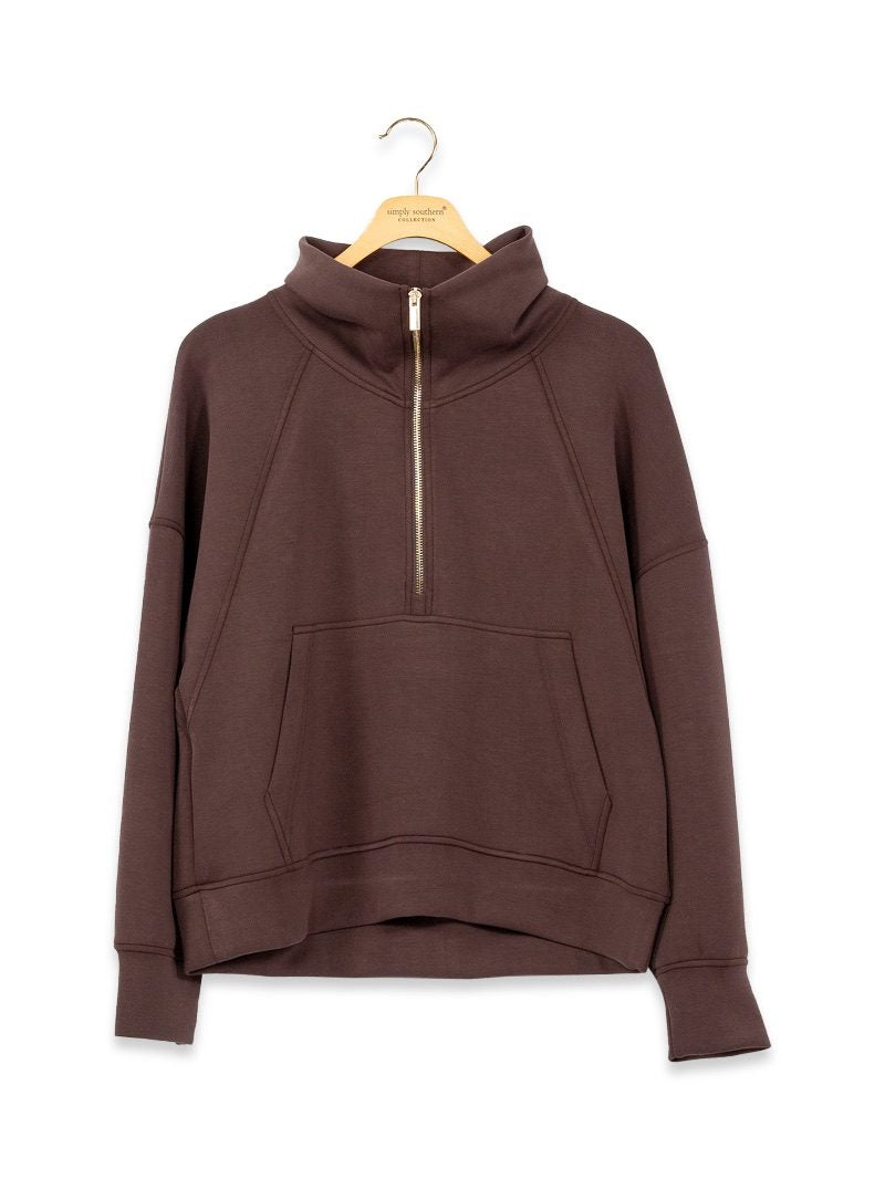 PP-0226-PULL-LNG-ZIP-COFFEE Simply Southern Women's Long Sleeve Zip up Pullover Coffee