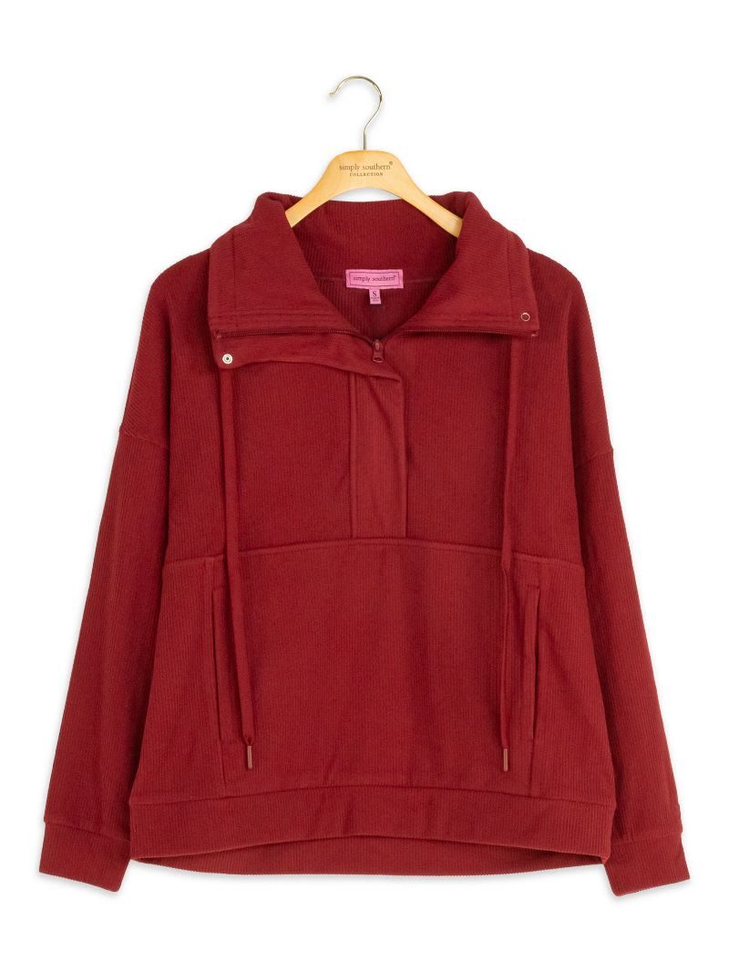 PP-0226-PULL-RIB-KNT-DKRED Simply Southern Women's Ribbed Knit Pullover Dark Red 0