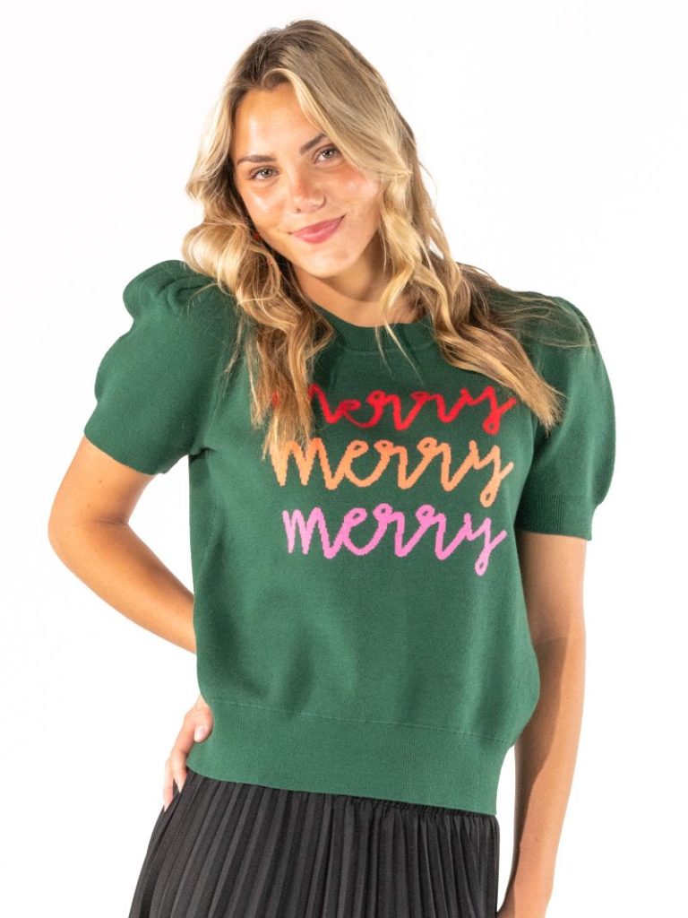 PP-0226-SWTR-MERRY-SS-GRN Simply Southern Women's Merry Sweater Short Sleeves Green 0