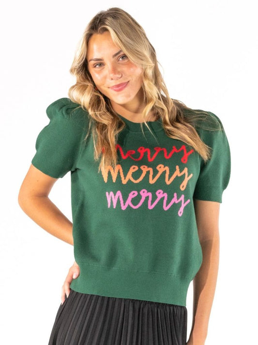 PP-0226-SWTR-MERRY-SS-GRN Simply Southern Women's Merry Sweater Short Sleeves Green 0