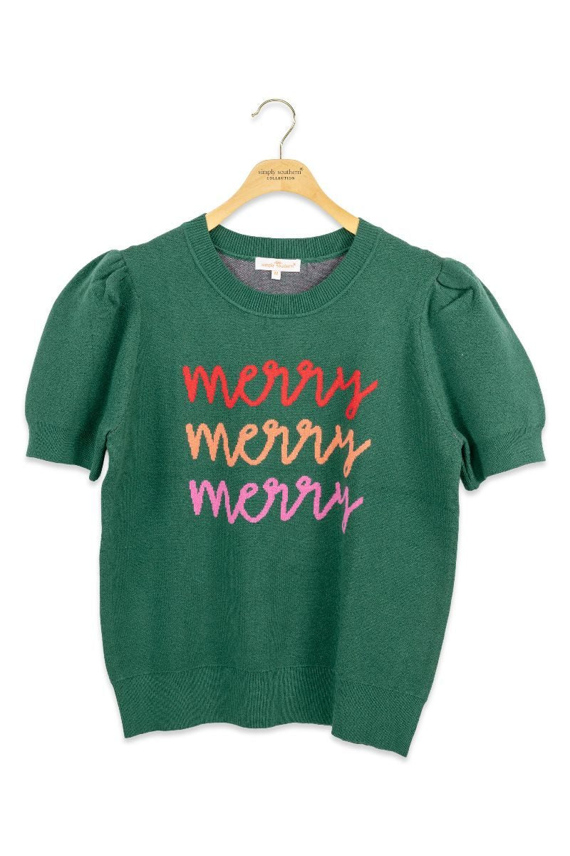 PP-0226-SWTR-MERRY-SS-GRN Simply Southern Women's Merry Sweater Short Sleeves Green 0