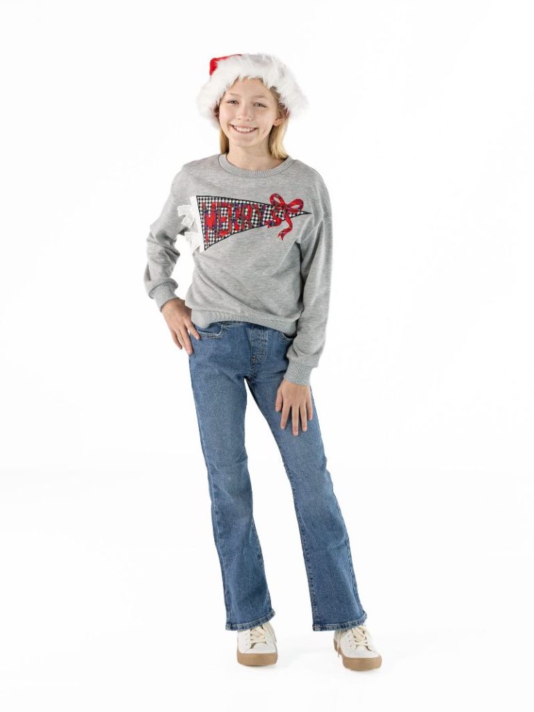 PP-0226-YTH-CRW-APLQ-HOL-GRAY Simply Southern Youth Girl's Holiday Crewneck Gray 0