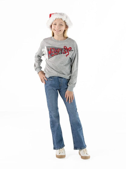 PP-0226-YTH-CRW-APLQ-HOL-GRAY Simply Southern Youth Girl's Holiday Crewneck Gray 0