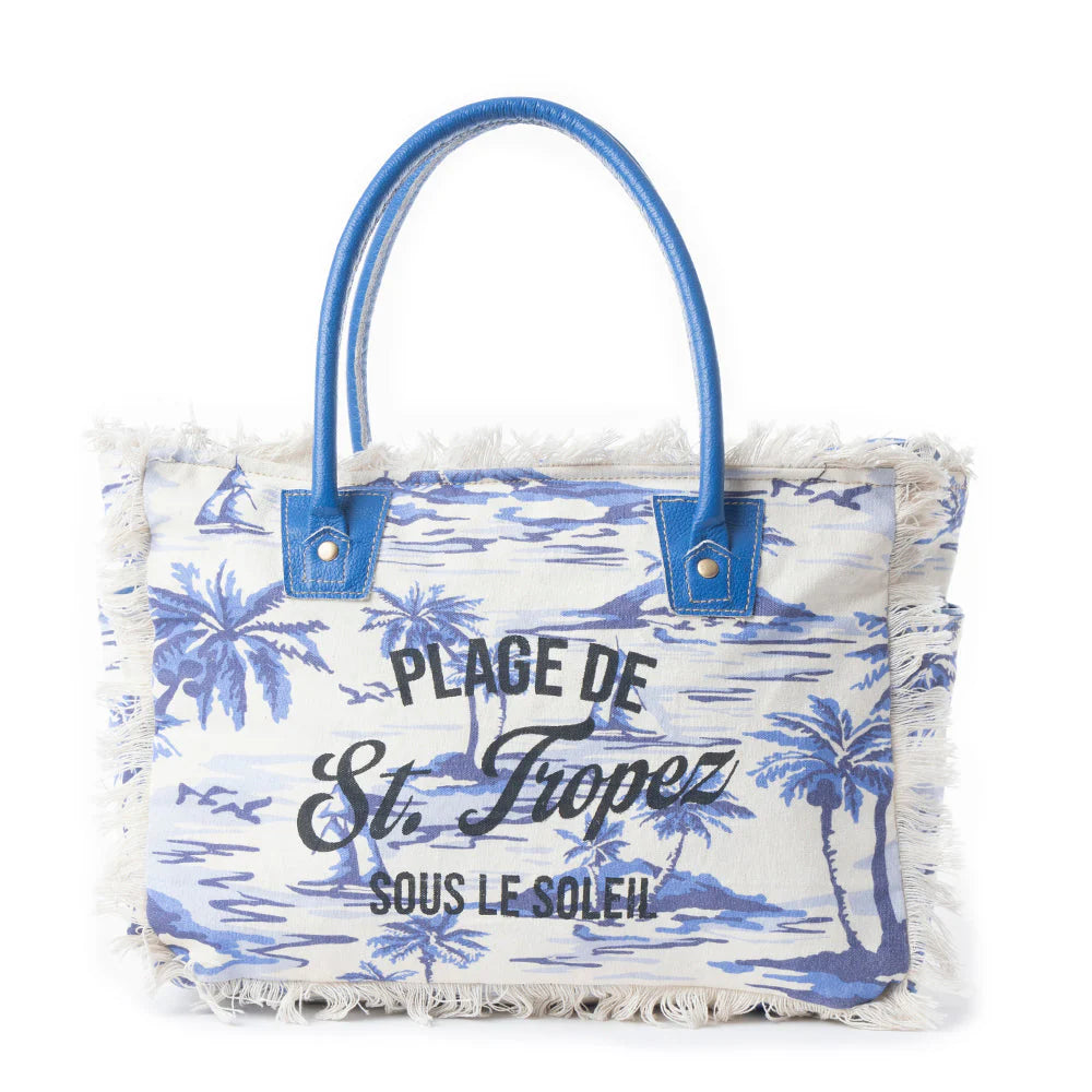 St. Tropez Tote Bag in White & Sky Blue