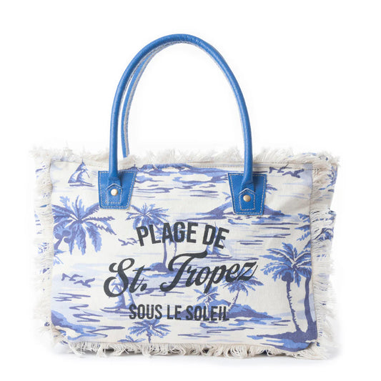 St. Tropez Tote Bag in White & Sky Blue