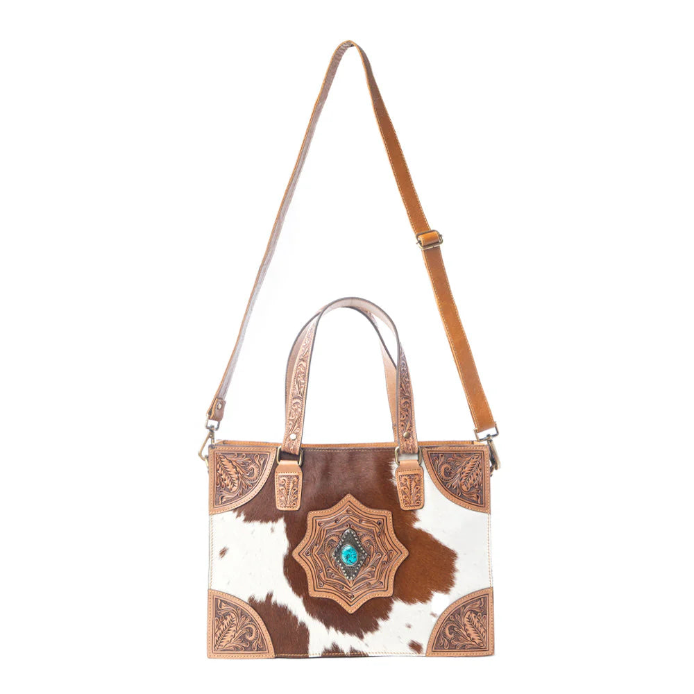 S-13802 Myra Desert Jewel Handtooled Hairon Leather Concealed Carry Bag in Timber Brown