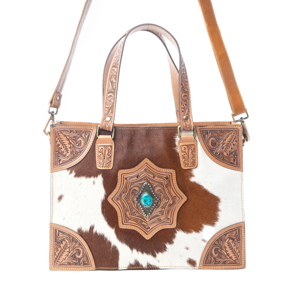S-13802 Myra Desert Jewel Handtooled Hairon Leather Concealed Carry Bag in Timber Brown