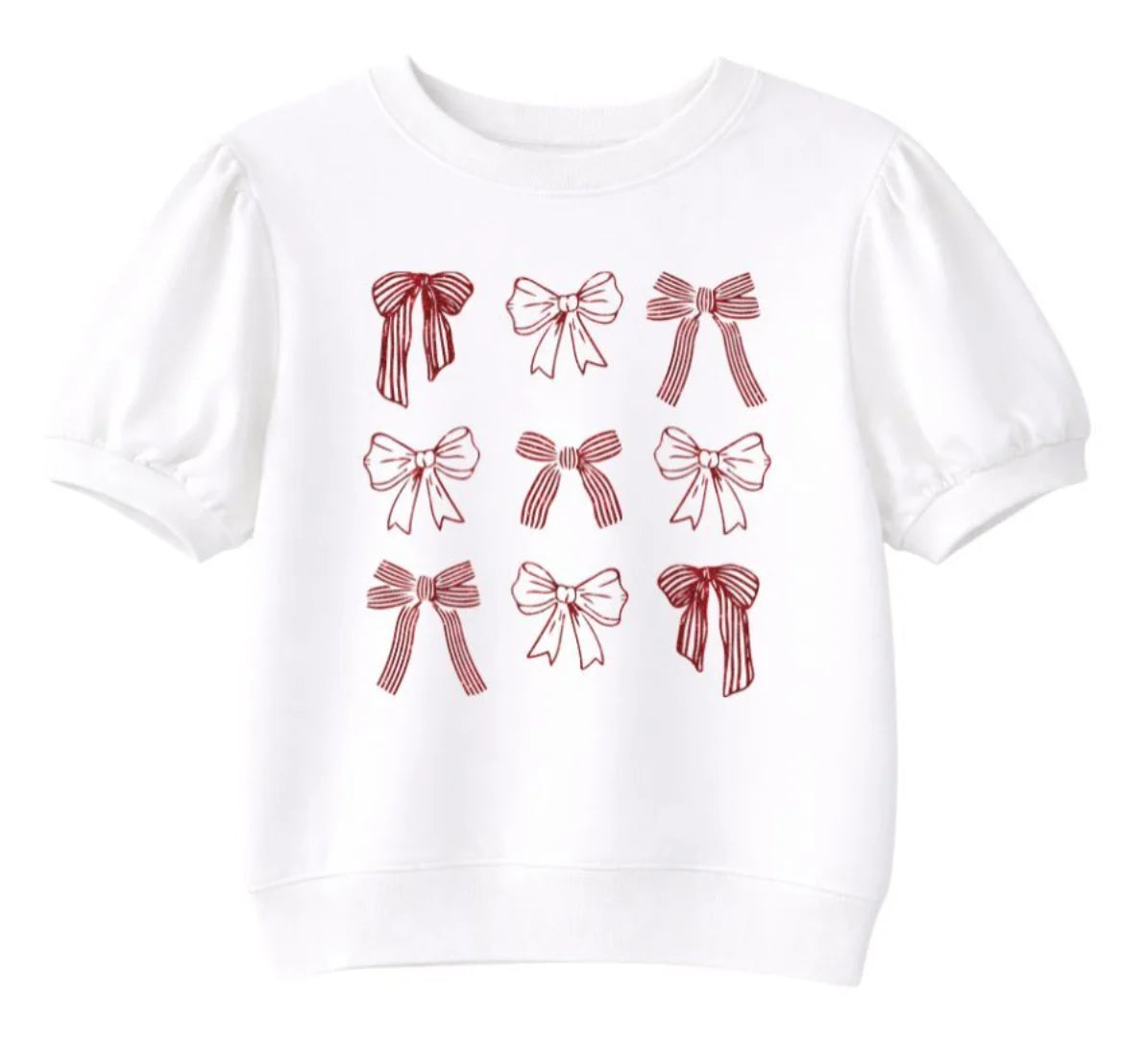 8049B-WT-BOW Emma + Grace Glitter Bows on White Puff Sleeve Top 0
