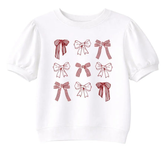 8049B-WT-BOW Emma + Grace Glitter Bows on White Puff Sleeve Top 0