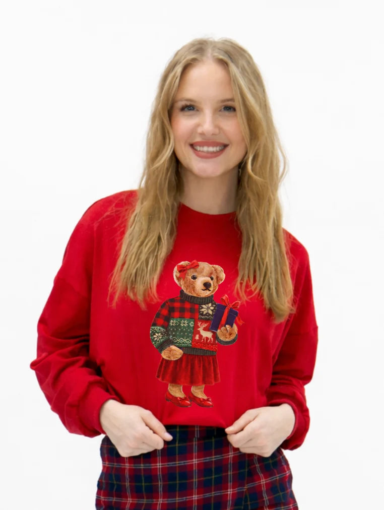 9266L-RD-TDS Grace & Emma Teddy Christmas Mock Neck Sweatshirt Red 0