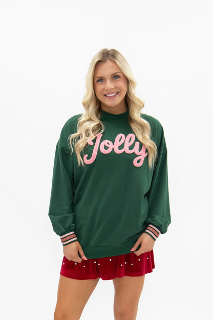 5525 Grace + Emma Chenille Jolly on Green Long Sleeve Top with Varsity Stripe 0