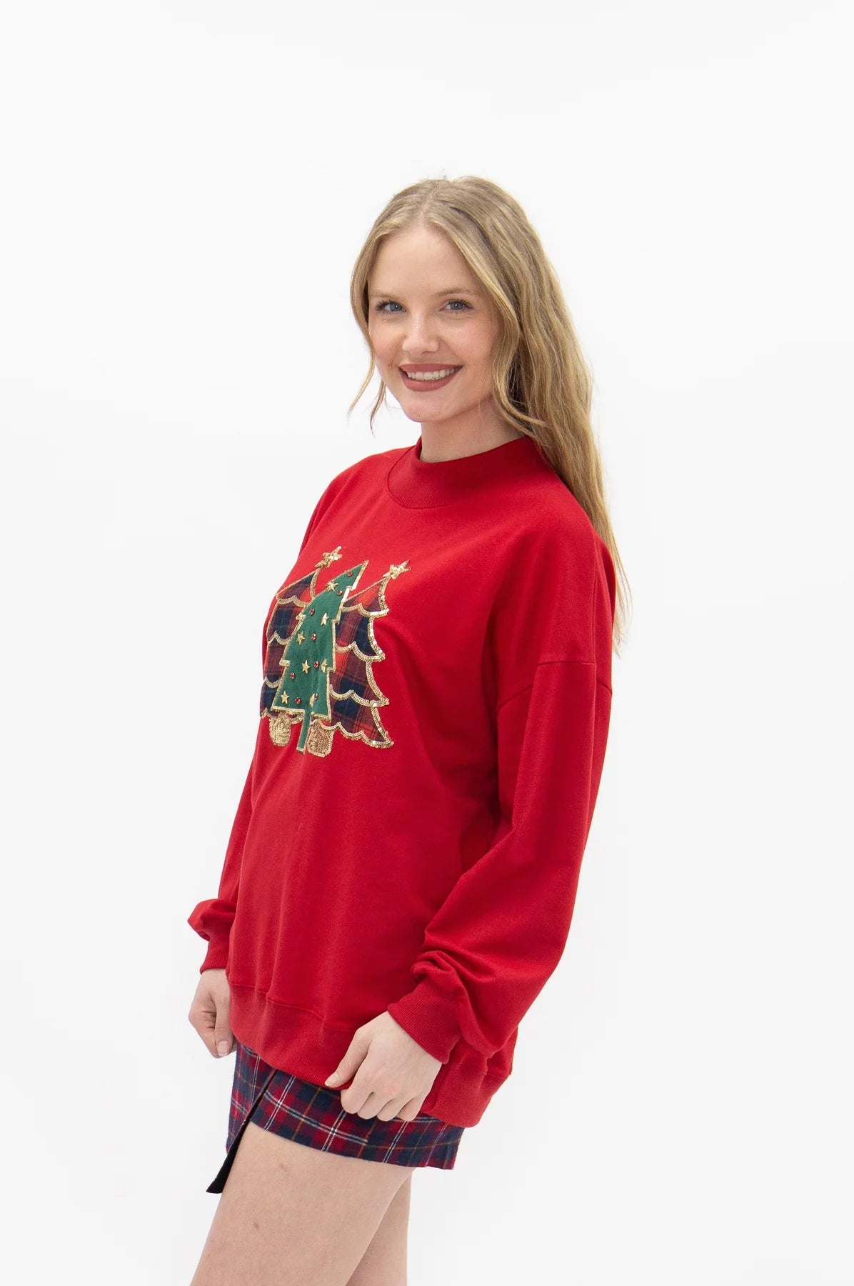 5524 Grace & Emma Women's Festive Forest on Red Mock Neck Top 0